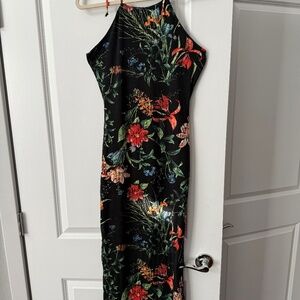 Black Floral Strappy Full Length Maxi Dress Halter Tie Summer Womens M